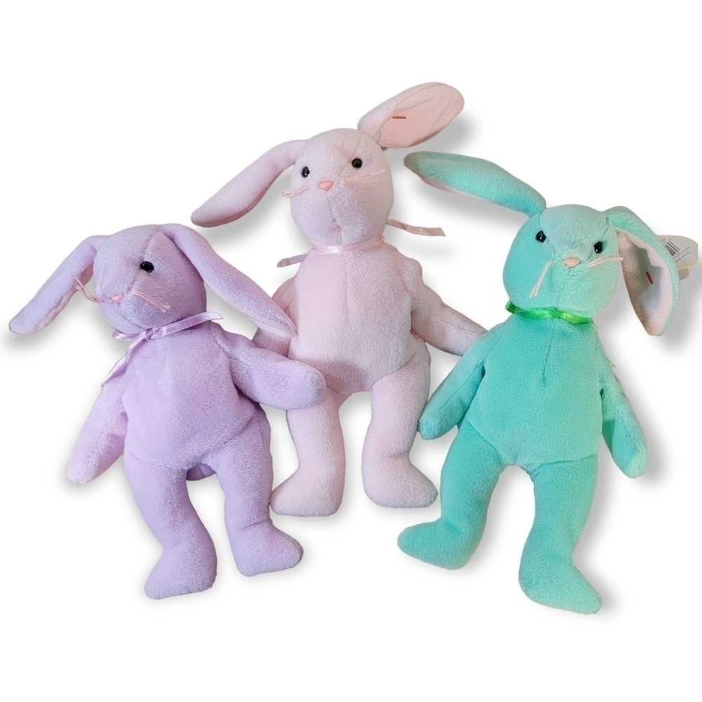 NWT Ty Beanie Babies Hippity Hoppity & Floppity Bunny rabbit Error Tags PVC 1996